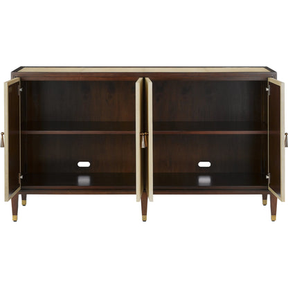 Evie Credenza by Currey and Company in ivory, dark walnut, brass. Made from faux shagreen, mahogany, cast brass in a transitional style.