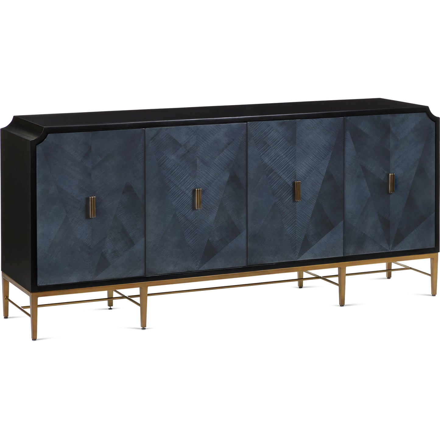 002 SI-2007780 | Primary Silo | Kallista Blue Credenza by Currey and Company in dark sapphire, caviar black, antique brass. Made from sycamore veneer, mahogany, engineered hardwood, cast brass, iron in a modern style.