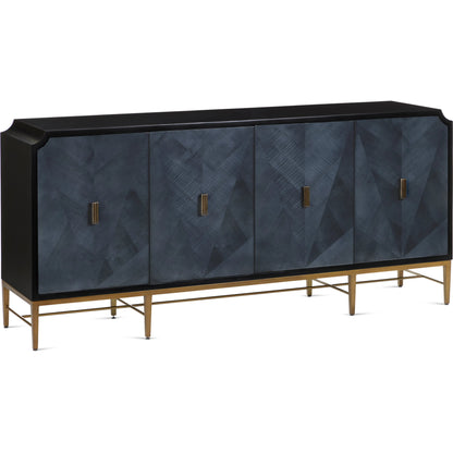 Kallista Blue Credenza by Currey and Company in dark sapphire, caviar black, antique brass. Made from sycamore veneer, mahogany, engineered hardwood, cast brass, iron in a modern style.