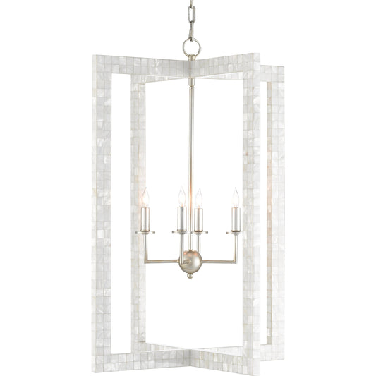 Arietta Chandelier by Currey and Company in mother of pearl, contemporary silver leaf. Made from mosaic mother of pearl, metal in a transitional style.
