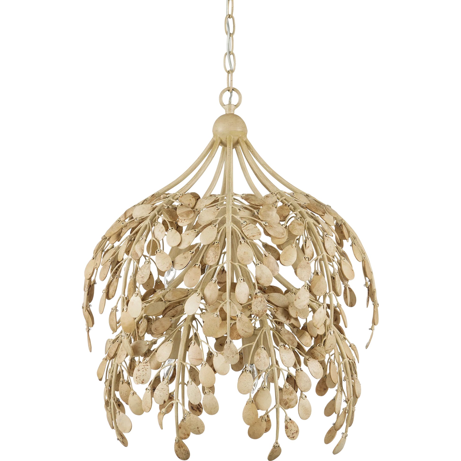 Maypan Pendant by Currey and Company in coco cream, natural. Made from wrought iron, coco shells in a modern style.