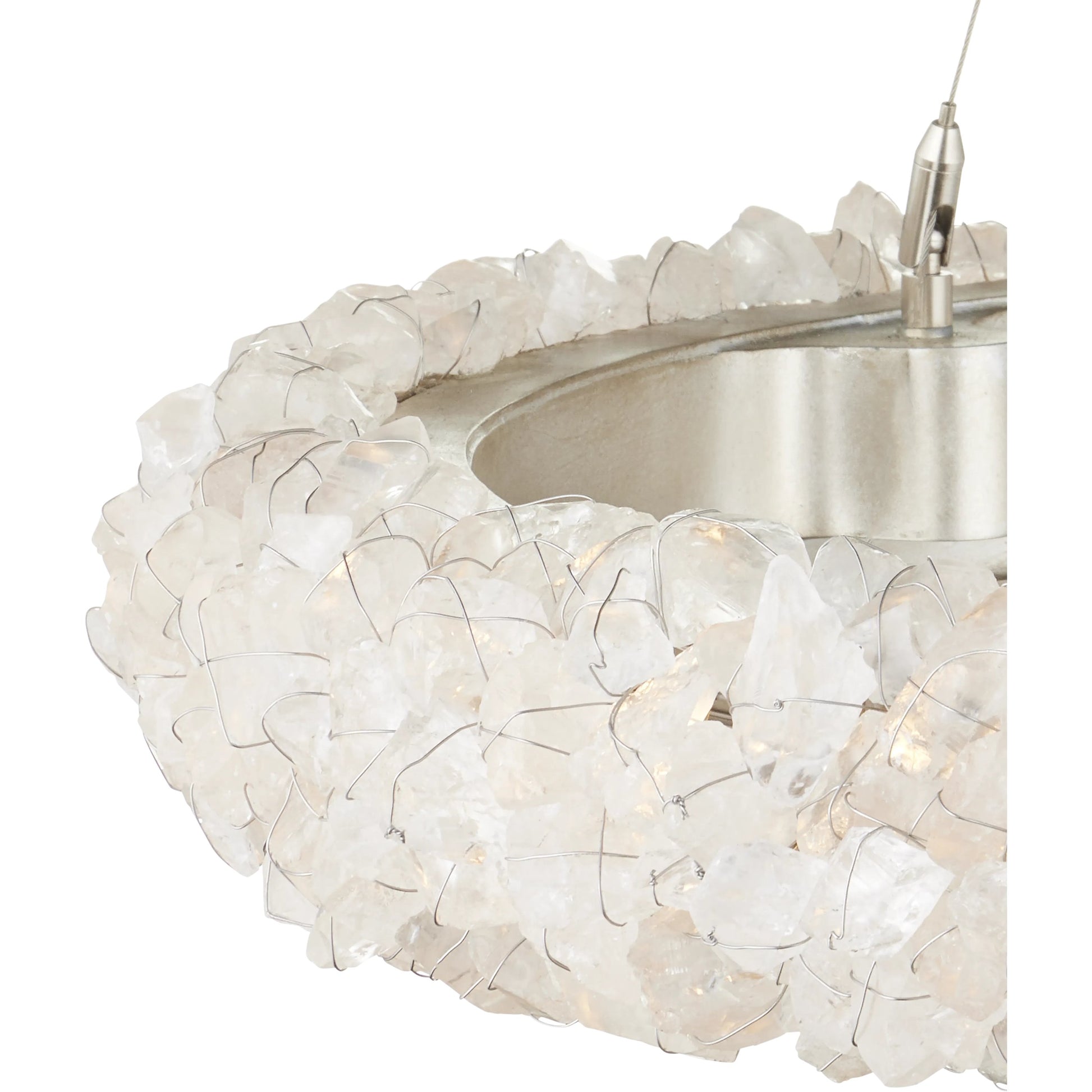 Iconoclast Chandelier by Currey and Company in contemporary silver leaf, contemporary silver, natural. Made from wrought iron, rock crystal in a modern style.