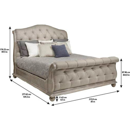 Summer Creek Shoals Tufted Sleigh Bed by A.R.T. Furniture in gray and scrubbed oak. Made from flakey cathedral oak veneer, parawood solids in a traditional style.