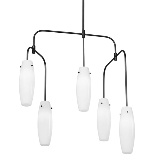 Cyan Chandelier by Troy in soft black. Made from aluminum, stainless steel in a modern style.