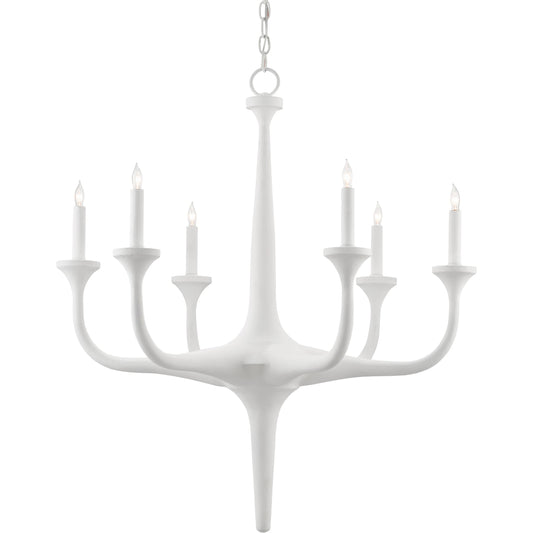 Albion Chandelier by Currey and Company in gesso white. Made from wrought iron in a modern style.