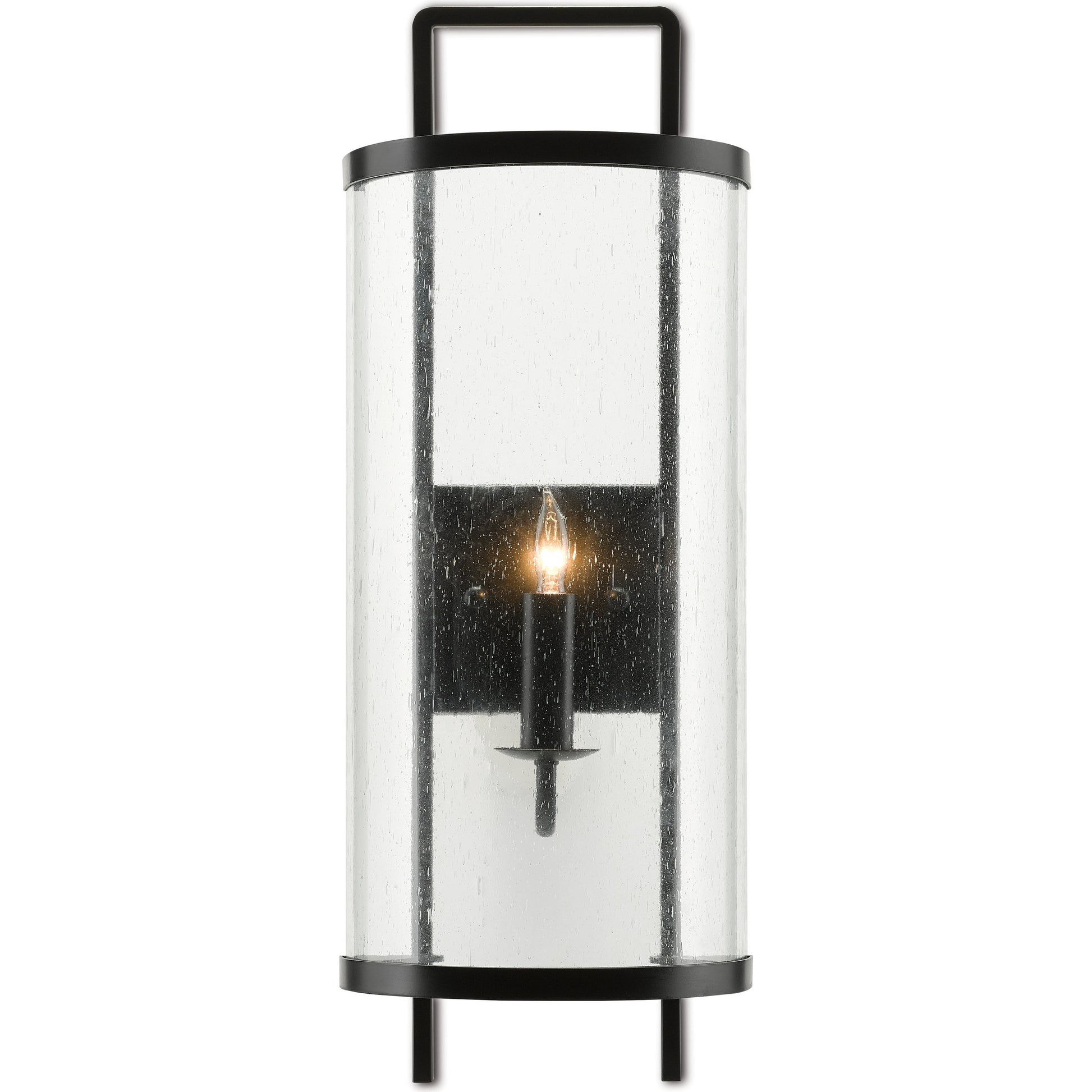 Breakspear Wall Sconce by Currey and Company in antique black. Made from metal, seeded glass in a transitional style.