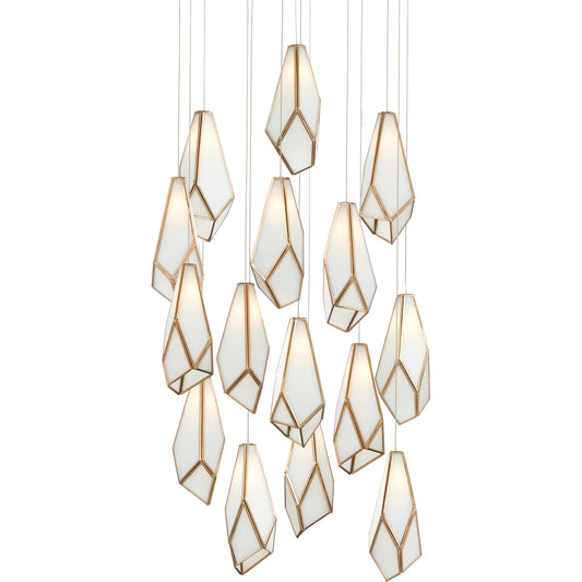 Glace Round 15-LIGHT Multi-Drop Pendant by Currey and Company in white, antique brass, silver. Made from glass, iron in a modern style.