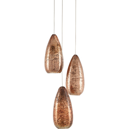 Rame 3-LIGHT Multi-Drop Pendant by Currey and Company in copper, silver. Made from antique copper, glass in a transitional style.