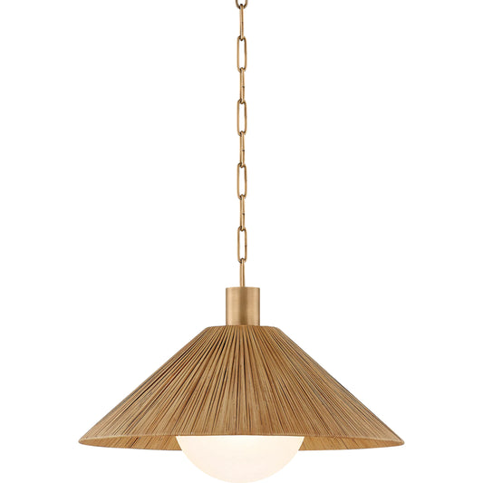 Woodside Pendant by Troy in patina brass. Made from natural woven in a unique style.