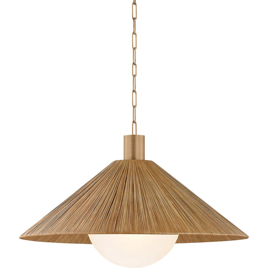 Woodside Pendant by Troy in patina brass. Made from natural woven in a unique style.
