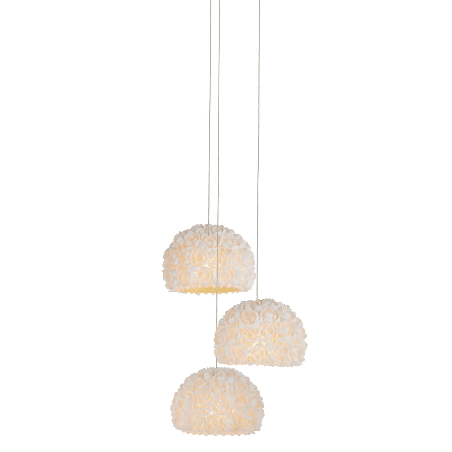 001 SI-2134114 | Primary Silo | Virtu 3-Light Round Multi-Drop Pendant by Currey and Company in natural, silver. Made from clamrose shell, metal, composite in a modern style.