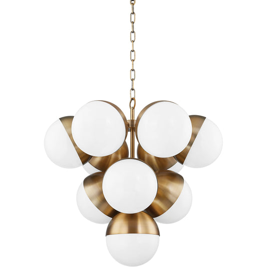 Cupertino 7 Light Chandelier by Troy in patina brass. Made from brass in a modern style.