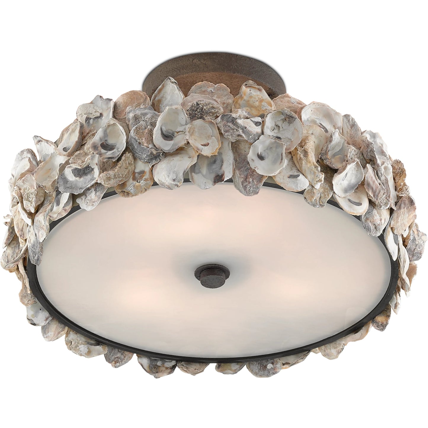 004 S-258217 | Additional Silo | Oyster Semi-Flush by Currey and Company in textured bronze, natural, frosted glass. Made from wrought iron, oyster shell, glass in a coastal style.