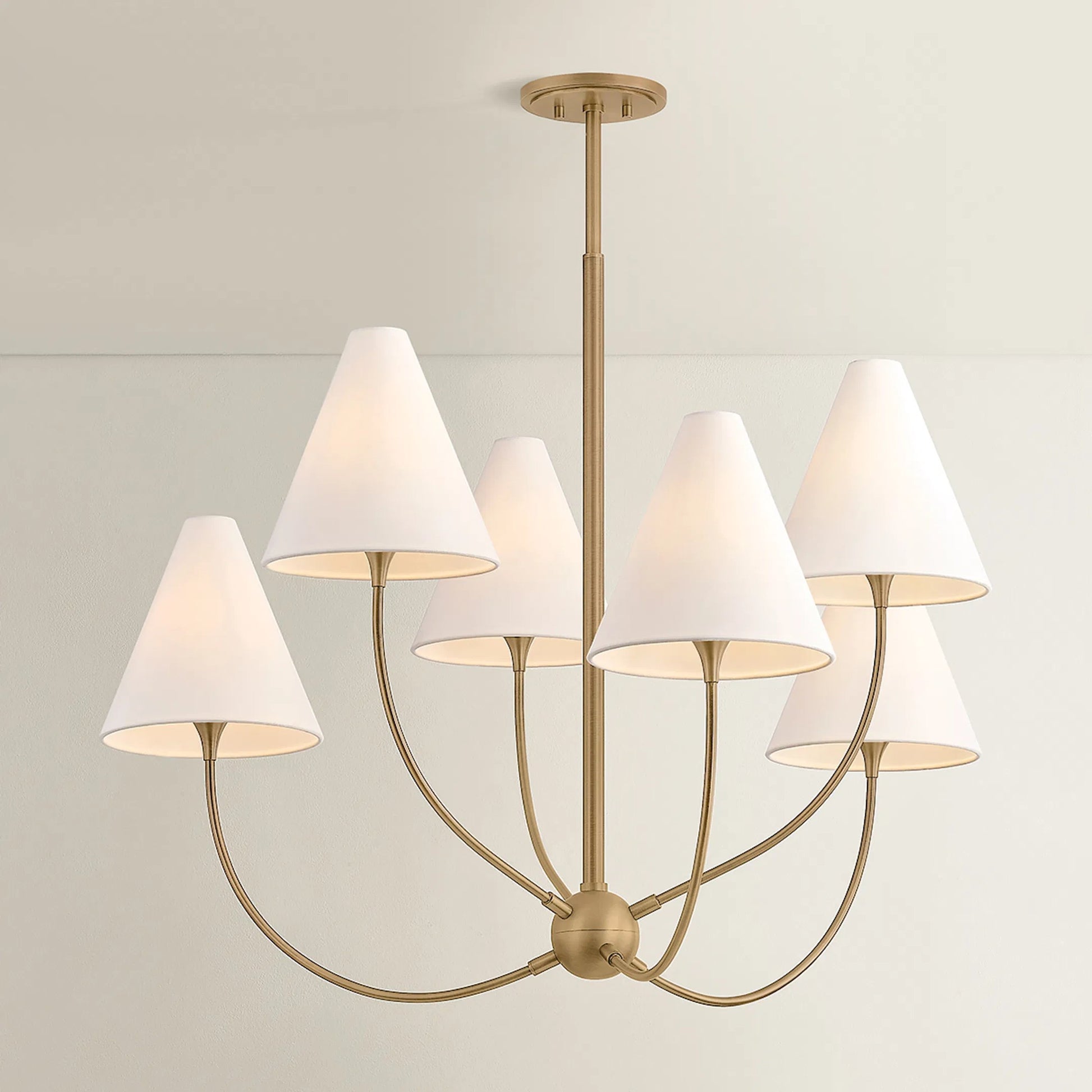 Evermore Chandelier by Troy in patina brass. Made from unique in a transitional style.