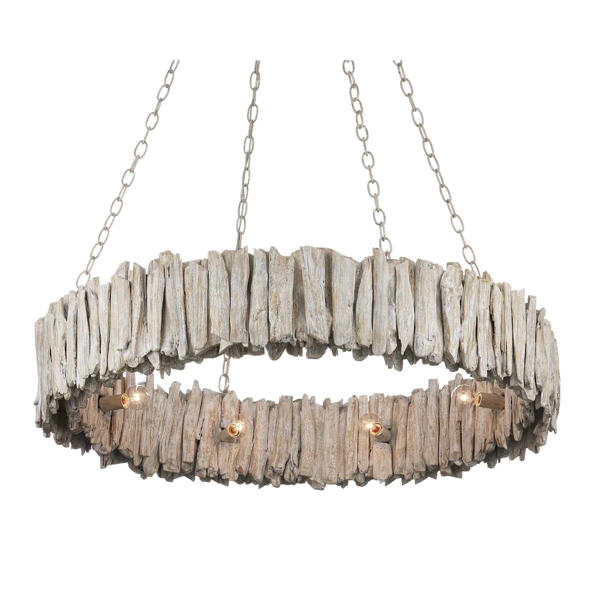 Driftwood Ring Chandelier by Currey and Company in whitewash. Made from driftwood, wrought iron in a cottage & farmhouse style.