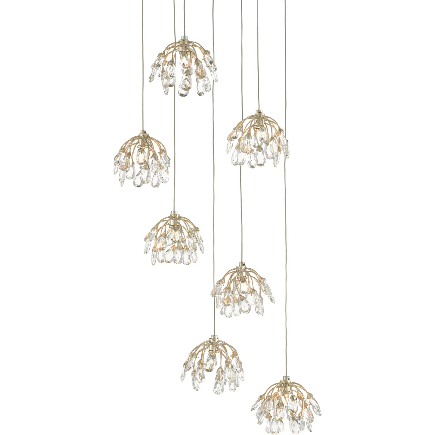 005 SR-890084 | Primary Silo | Crystal Bud Pendant by Currey and Company in painted silver, contemporary silver leaf. Made from crystal, wrought iron in a transitional style.