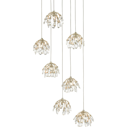 Crystal Bud Pendant by Currey and Company in painted silver, contemporary silver leaf. Made from crystal, wrought iron in a transitional style.