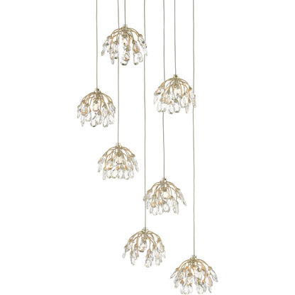 Crystal Bud Pendant by Currey and Company in painted silver, contemporary silver leaf. Made from crystal, wrought iron in a transitional style.