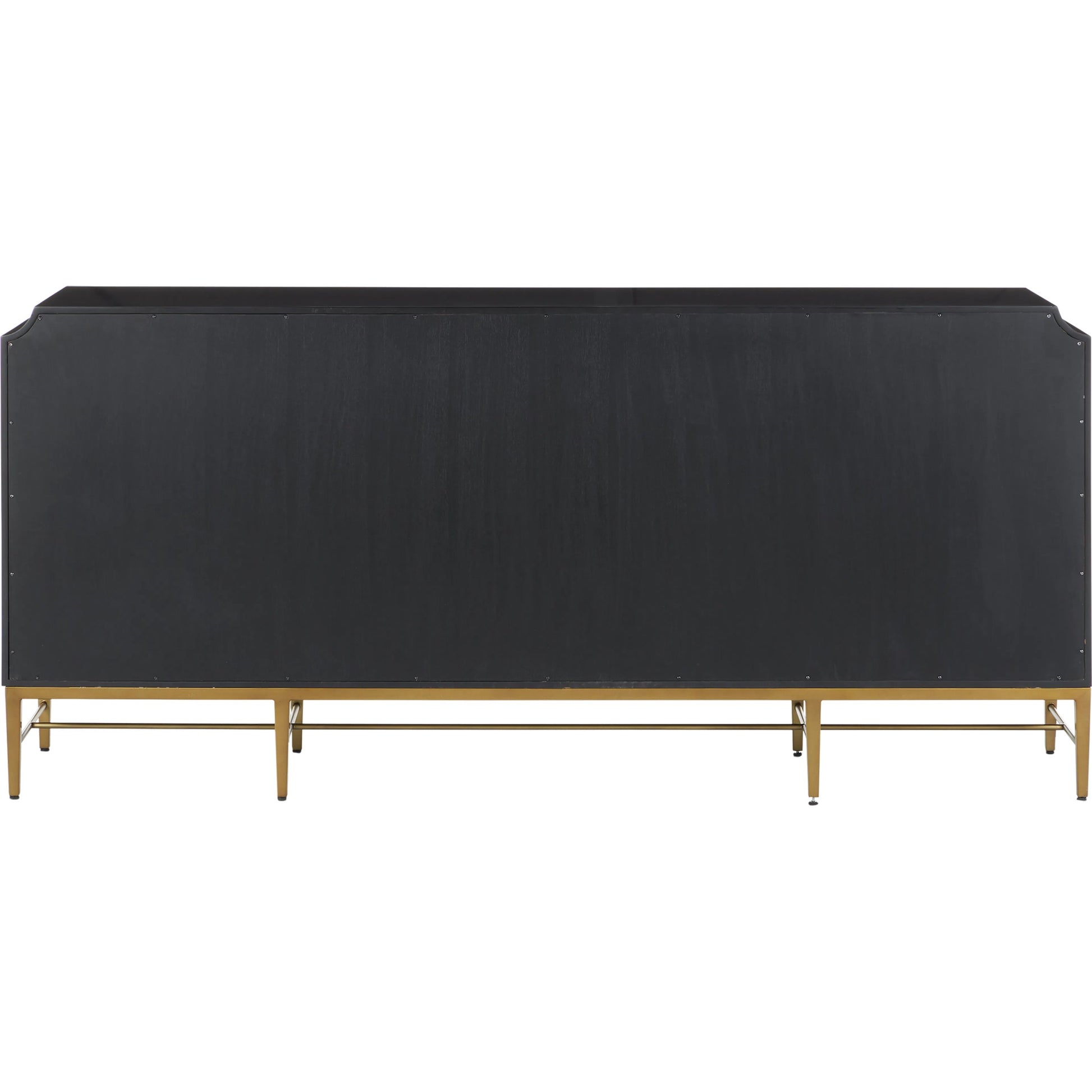 Kallista Blue Credenza by Currey and Company in dark sapphire, caviar black, antique brass. Made from sycamore veneer, mahogany, engineered hardwood, cast brass, iron in a modern style.