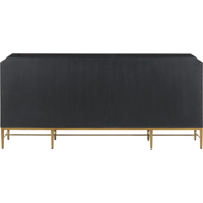 Kallista Blue Credenza by Currey and Company in dark sapphire, caviar black, antique brass. Made from sycamore veneer, mahogany, engineered hardwood, cast brass, iron in a modern style.