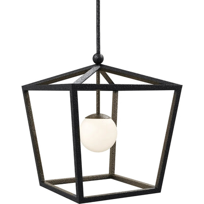 Denison Outdoor Lantern by Currey and Company in black, frosted white. Made from wrought iron, glass in a modern style.