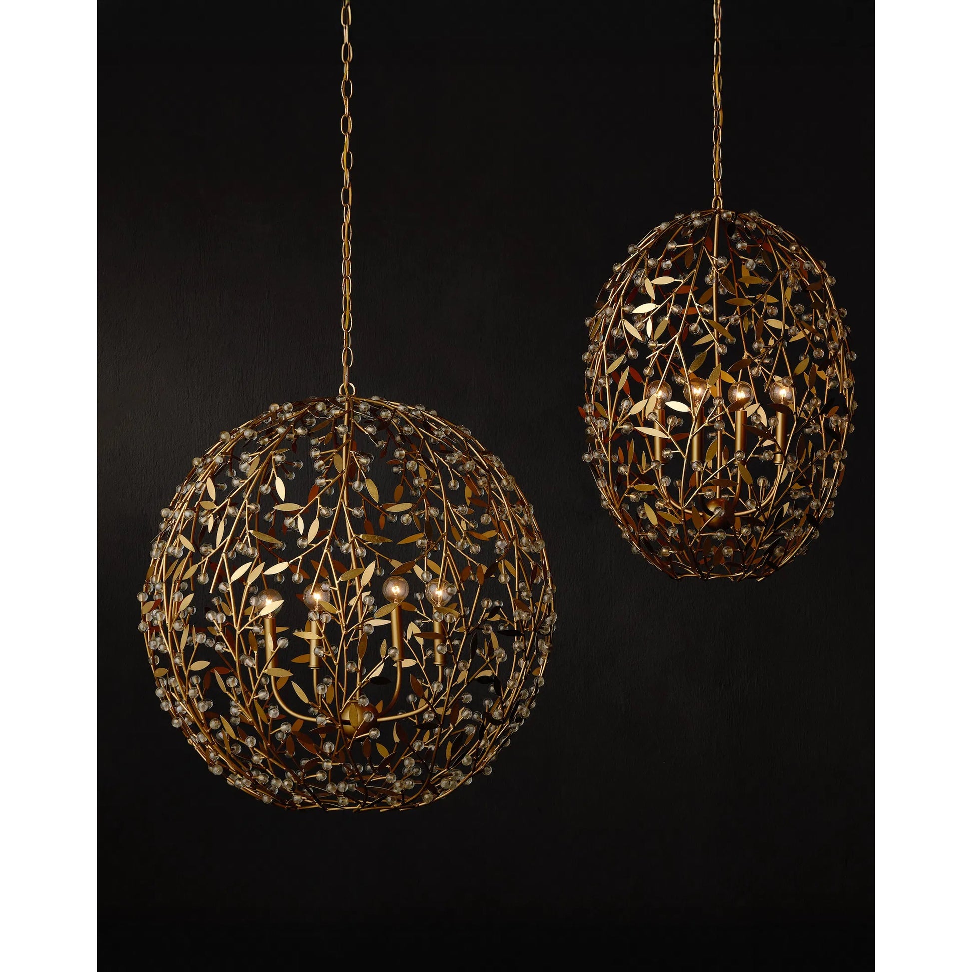 Secret Garden Orb Chandelier by Currey and Company in clear, contemporary gold leaf, contemporary gold. Made from crystal, wrought iron in a modern style.