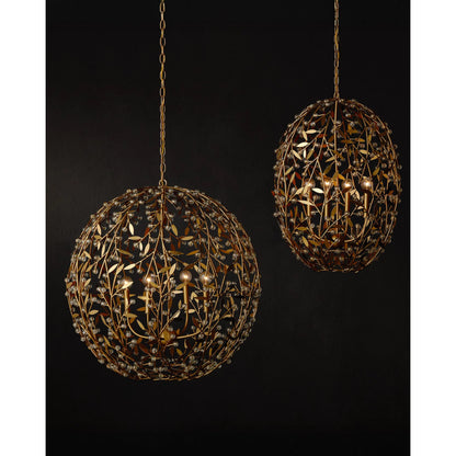 Secret Garden Orb Chandelier by Currey and Company in clear, contemporary gold leaf, contemporary gold. Made from crystal, wrought iron in a modern style.