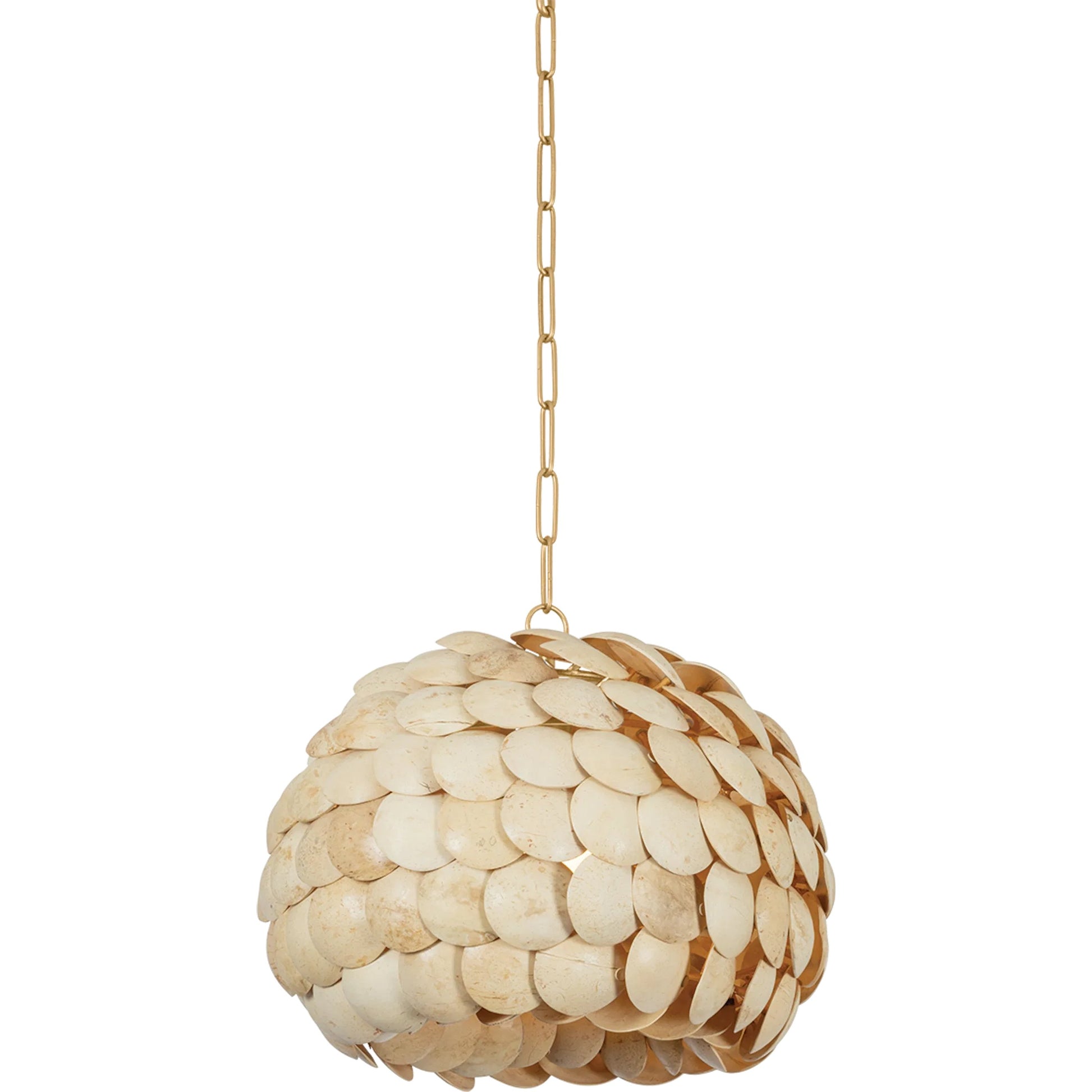 Edric Pendant by Troy in vintage gold leaf. Made from natural woven in a transitional style.