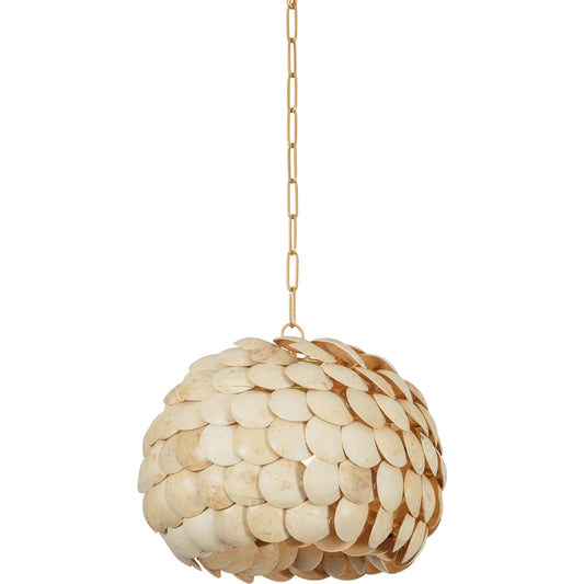 Edric Pendant by Troy in vintage gold leaf. Made from natural woven in a transitional style.