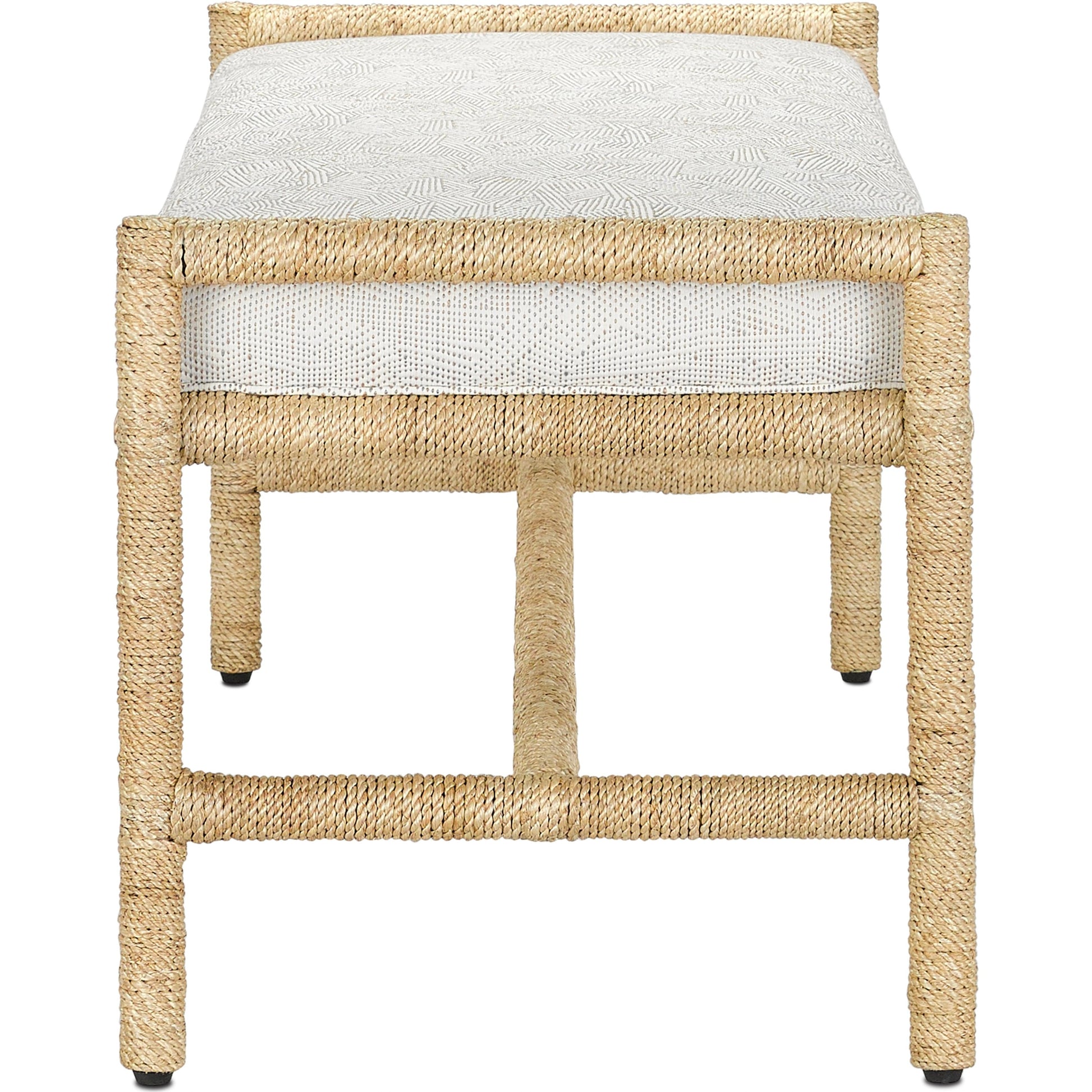 Olisa Bench by Currey and Company in pearl. Made from abaca rope, wrought iron, fabric in a coastal style.