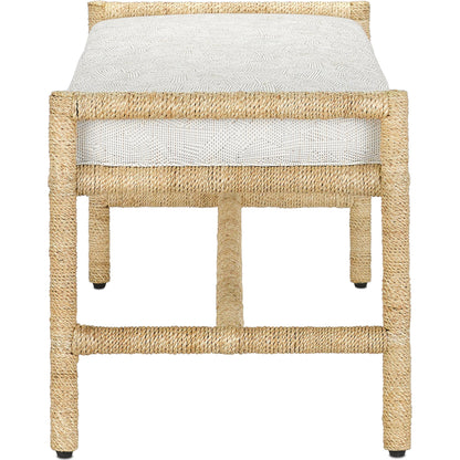 Olisa Bench by Currey and Company in pearl. Made from abaca rope, wrought iron, fabric in a coastal style.