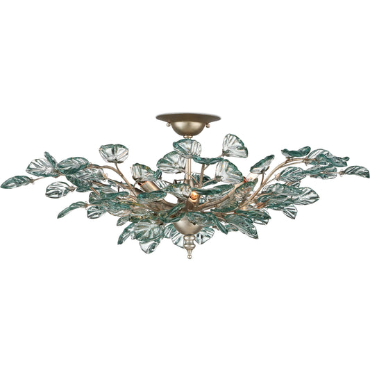 Baobab Semi-Flush Mount by Currey and Company in contemporary silver leaf, clear. Made from wrought iron, recycled glass in a unique style.