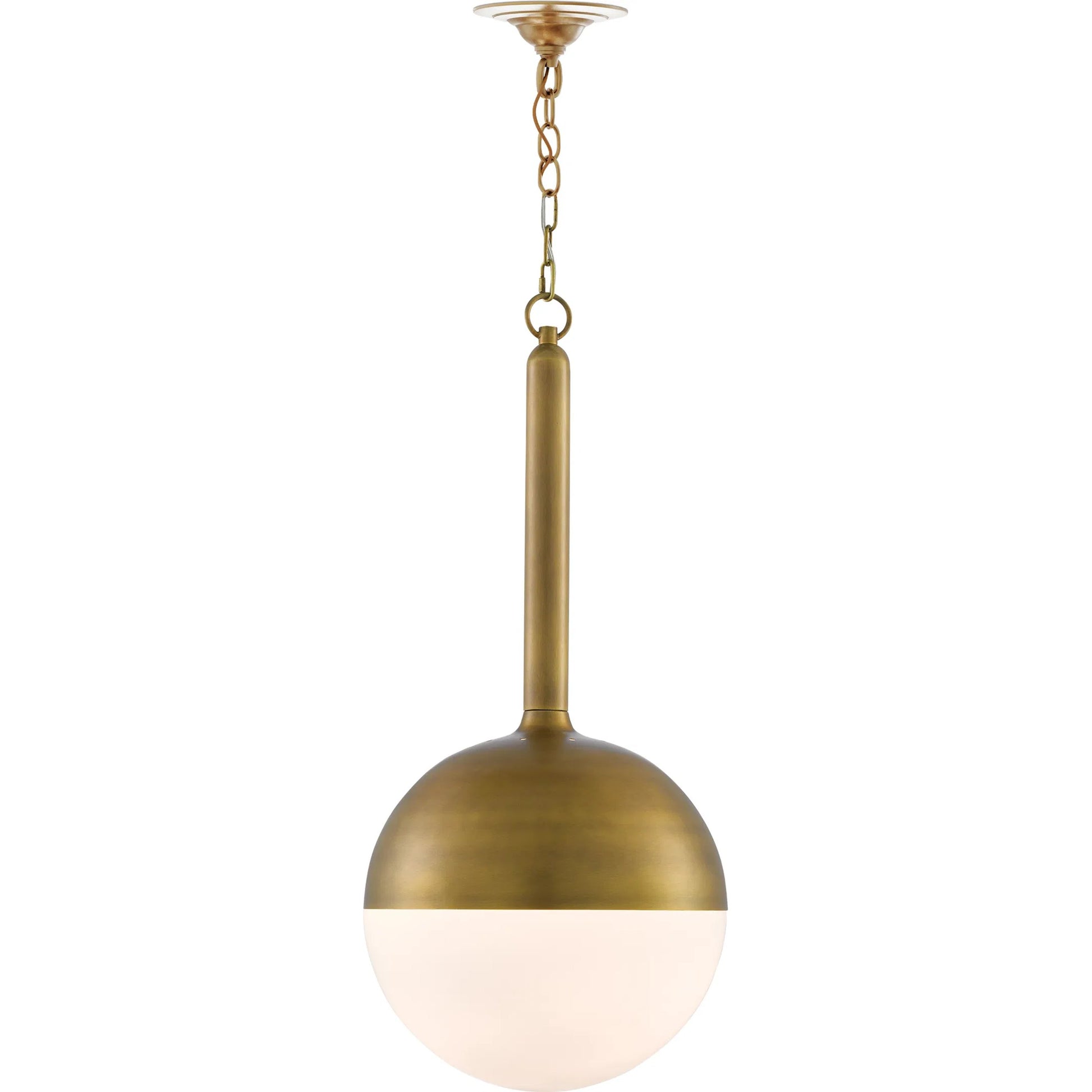 Moonward Pendant by Currey and Company in antique brass, opaque white. Made from metal, glass in a modern style.