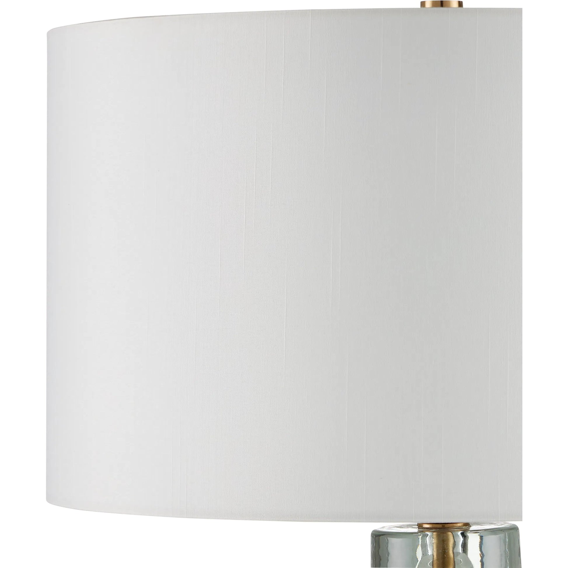 Mystras Table Lamp by Currey and Company in clear, antique brass. Made from cast glass, iron in a modern style.