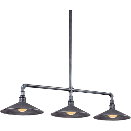 Toledo Linear Chandelier by Troy in old silver. Made from hand worked iron, aluminum in a unique style.