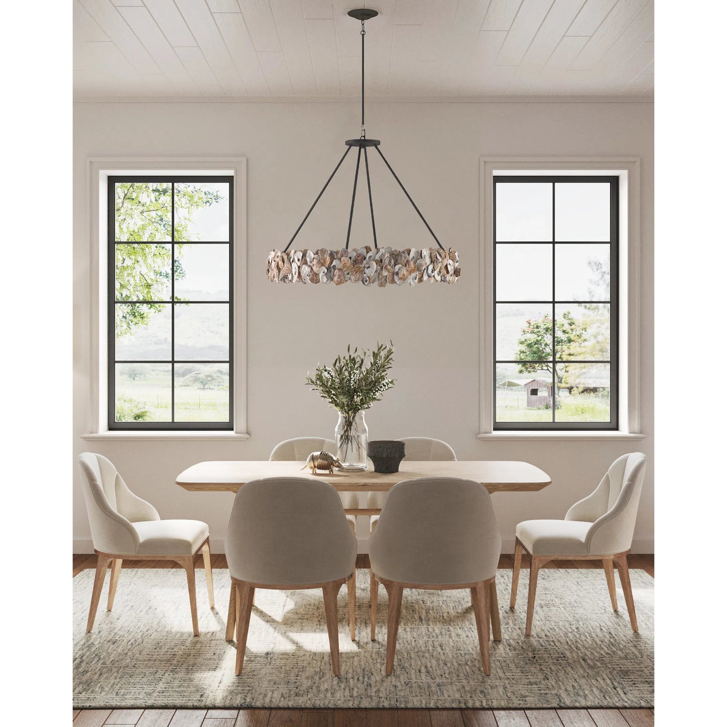 007 S-223890 | Lifestyle | Oyster Circle Chandelier by Currey and Company in textured bronze, natural. Made from wrought iron, oyster shell in a coastal style.