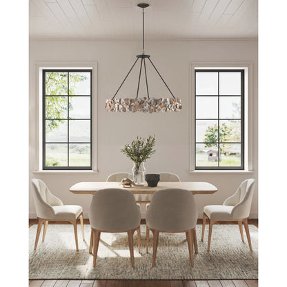 Oyster Circle Chandelier by Currey and Company in textured bronze, natural. Made from wrought iron, oyster shell in a coastal style.