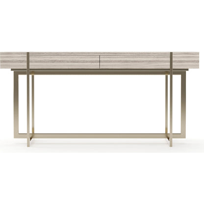 Wish You Were Here Console Table by Caracole in light and whisper of gold. Made from stone in a modern style.