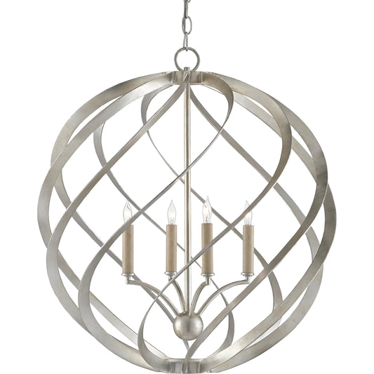 Roussel Orb Chandelier by Currey and Company in contemporary silver leaf. Made from wrought iron in a transitional style.