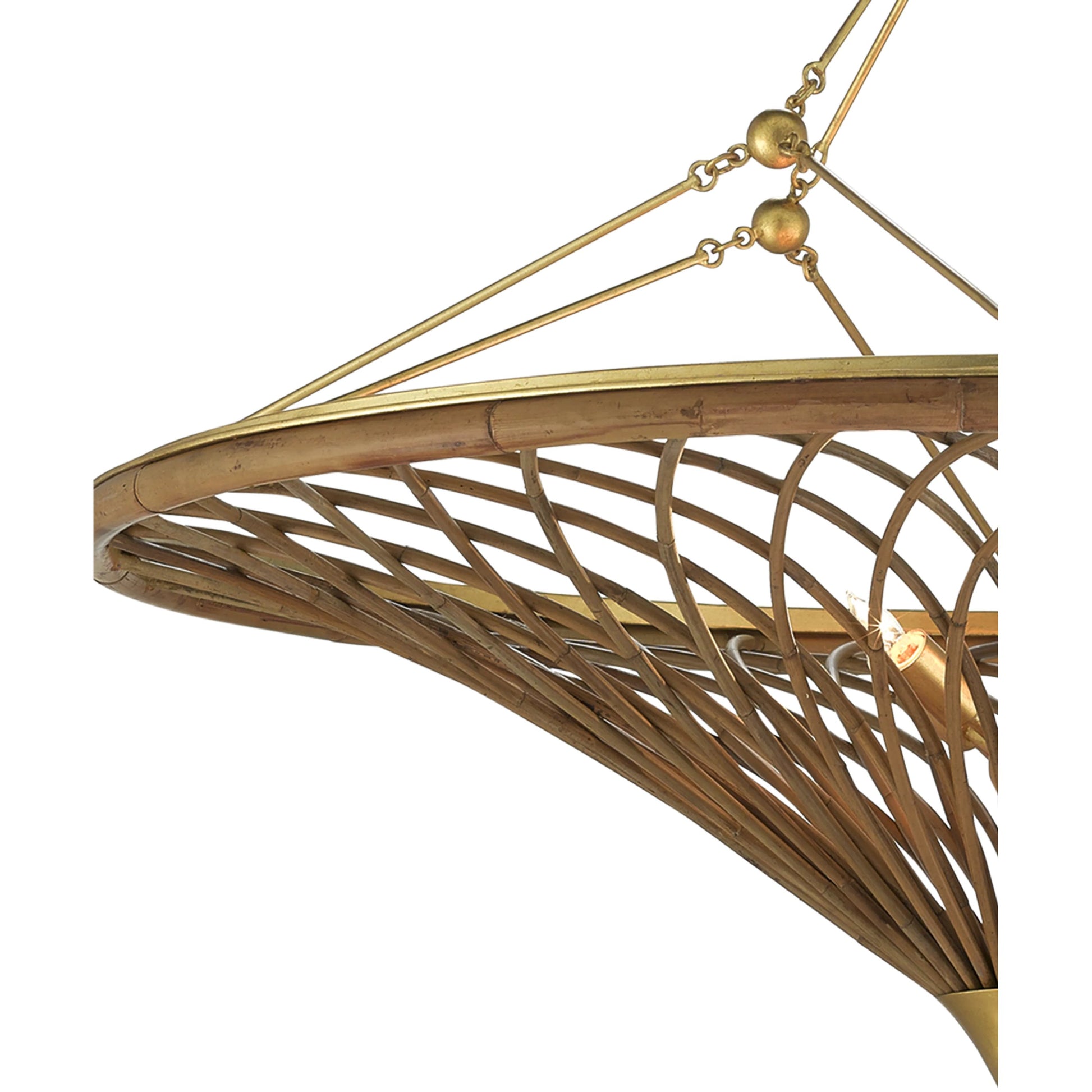 Gaborone Chandelier by Currey and Company in natural, contemporary gold leaf. Made from rattan, wrought iron in a modern style.