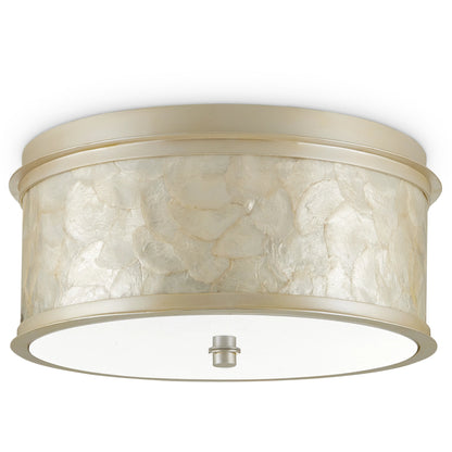 Neith Flush Mount by Currey and Company in sea pearl, natural. Made from wrought iron, capiz shell, acrylic diffuser in a transitional style.