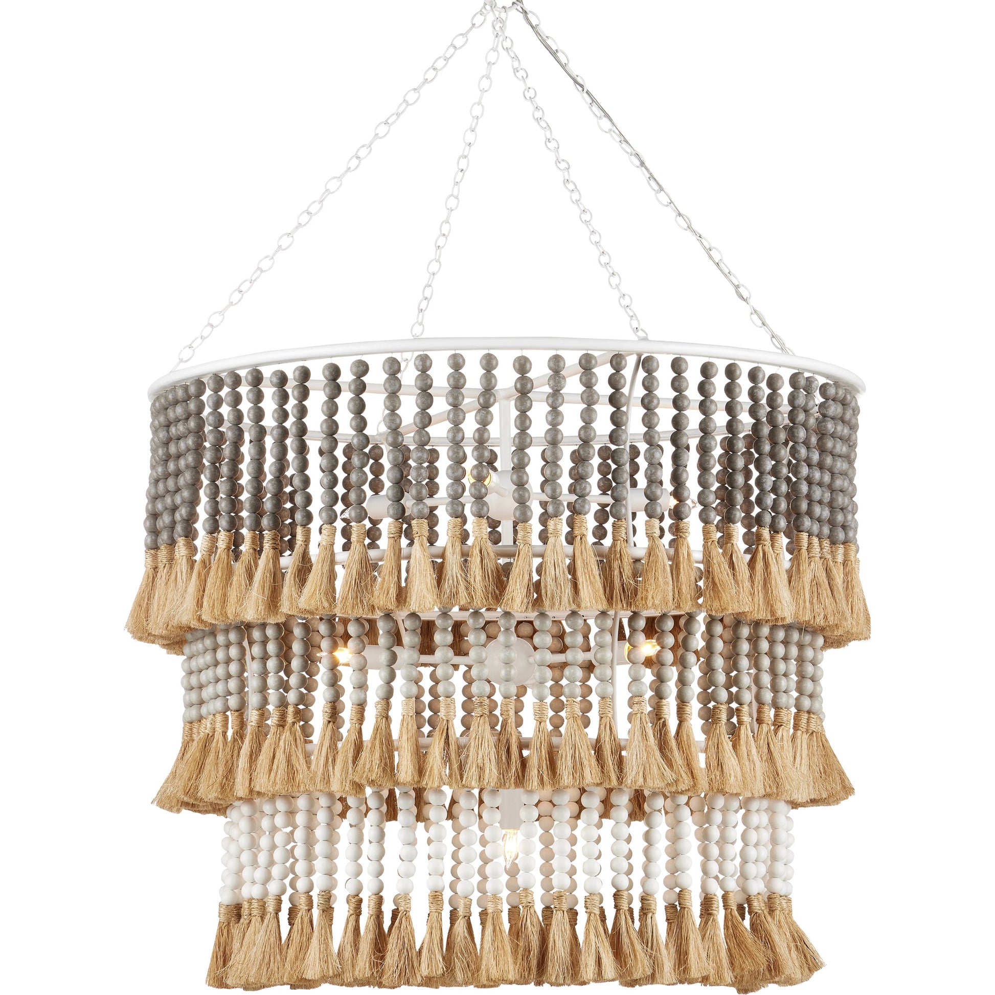 St. Barts Chandelier by Currey and Company in mist blue, demin blue. Made from wrought iron, wood beads, abaca rope in a coastal style.
