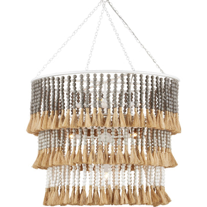 St. Barts Chandelier by Currey and Company in mist blue, demin blue. Made from wrought iron, wood beads, abaca rope in a coastal style.