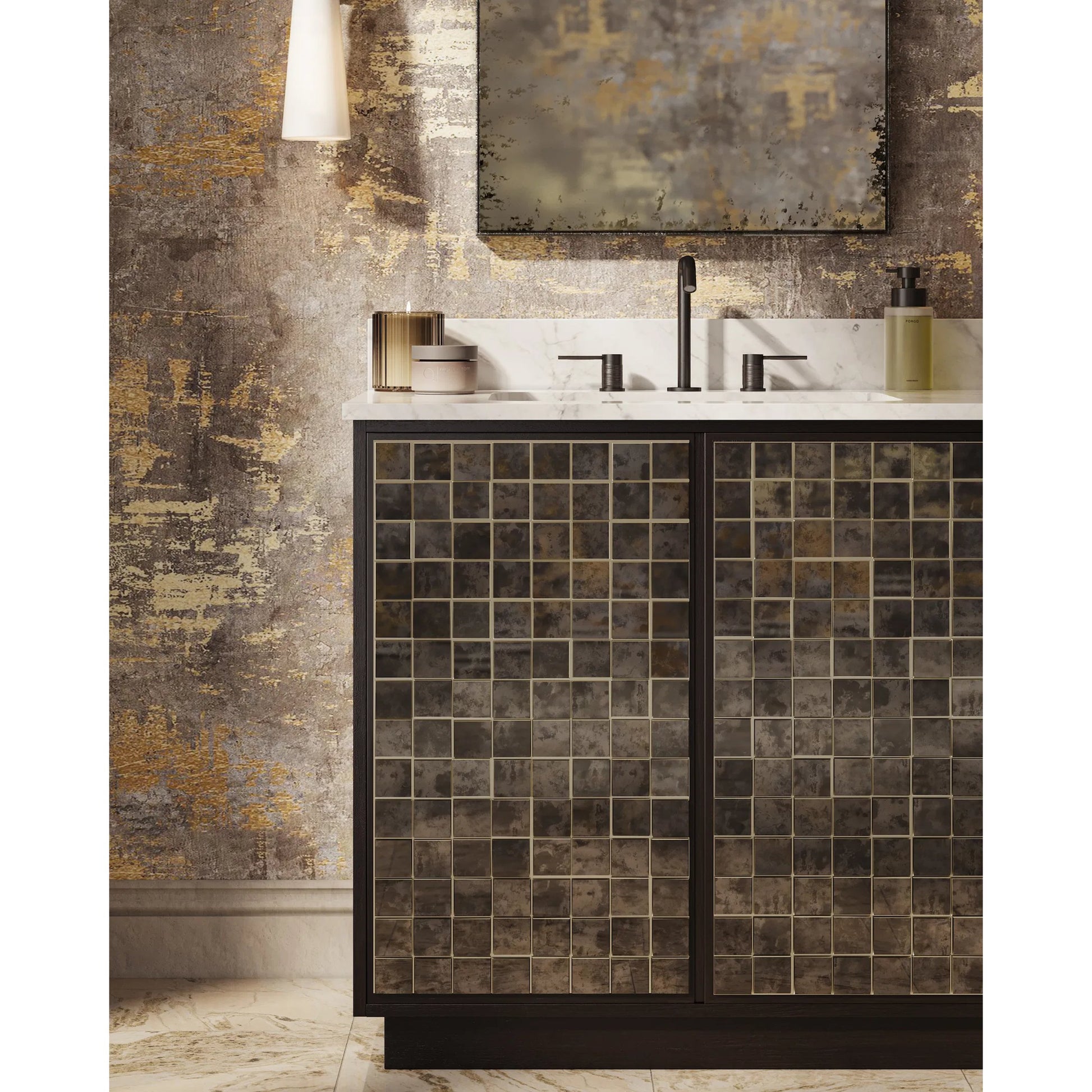 Mosaico 36" Vanity with Undermount Sink by Currey and Company in ebony, natural, white, antique mirror. Made from mango wood, carrara marble, vitreous china, glass in a unique style.