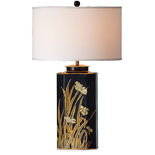 Glasshouse Tole Table Lamp by Currey and Company in black, gold. Made from metal in a traditional style.