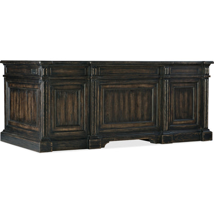 La Grange San Felipe Executive Desk by Hooker Furniture in dark antiqued hickory. Made from pecky hickory veneer, leather, solid-wood edge top in a unique style.