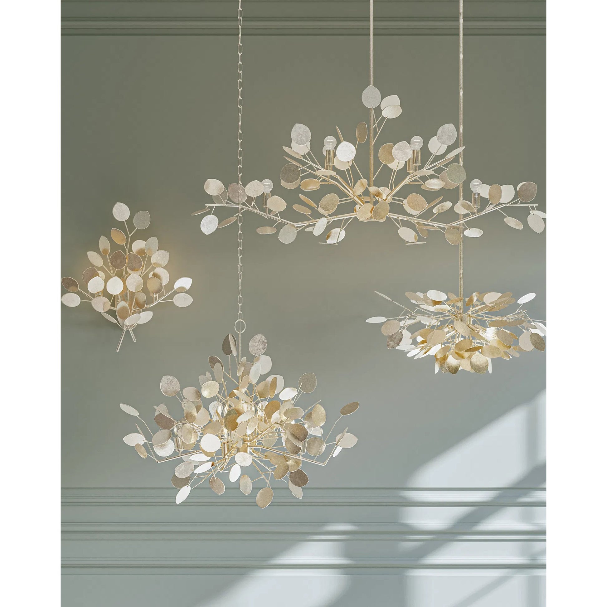 Lunaria Small Chandelier by Currey and Company in contemporary silver leaf. Made from wrought iron in a transitional style.