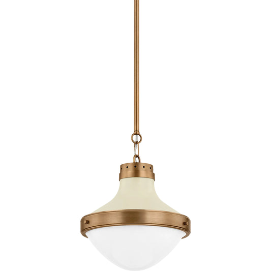 Maxton Pendant by Troy in patina brass and soft sand. Made from steel in a unique style.