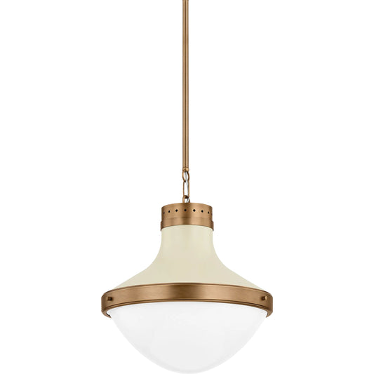 Maxton Pendant by Troy in patina brass and soft sand. Made from steel in a unique style.