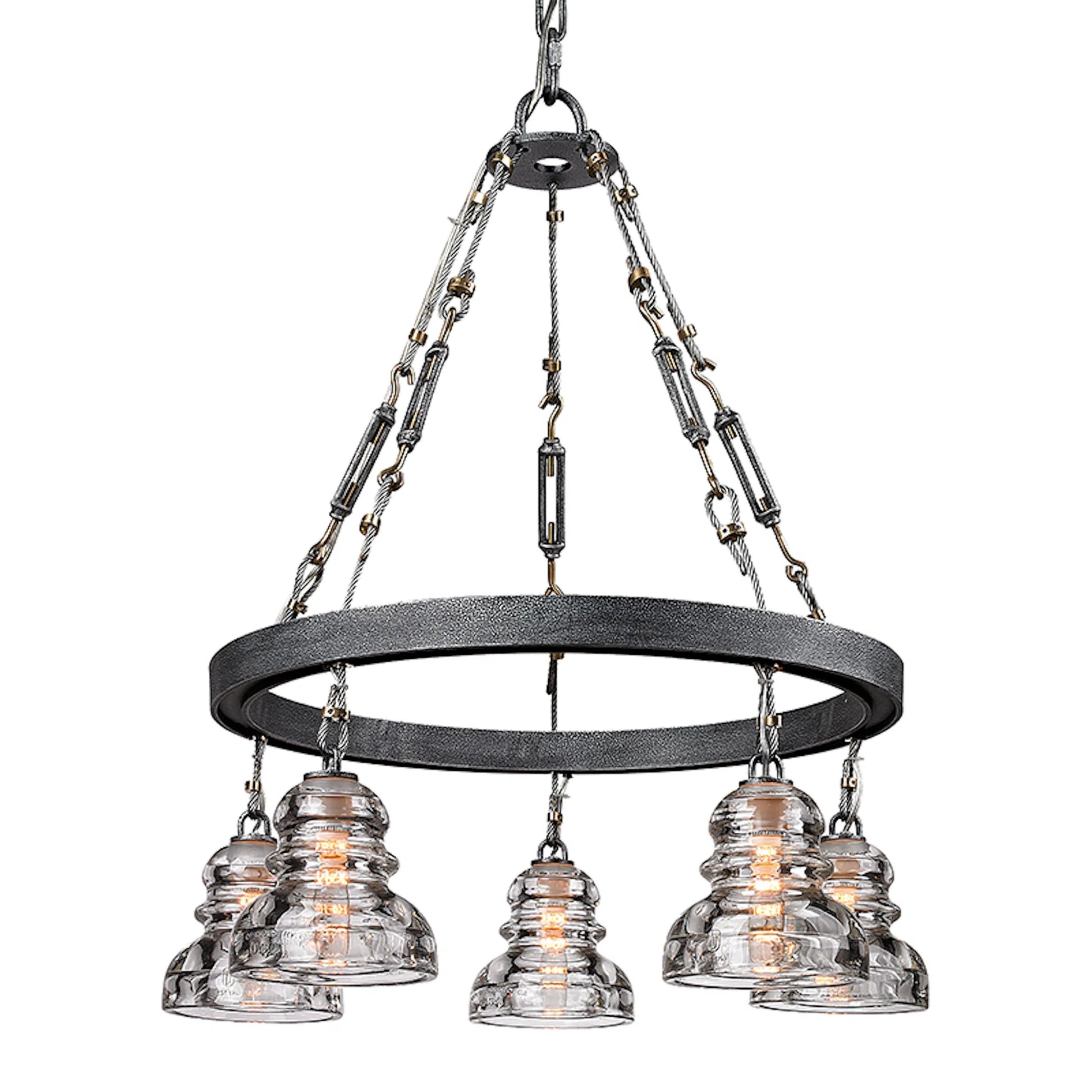 Menlo Park Chandelier by Troy in old silver. Made from hand worked iron in a cottage & farmhouse style.